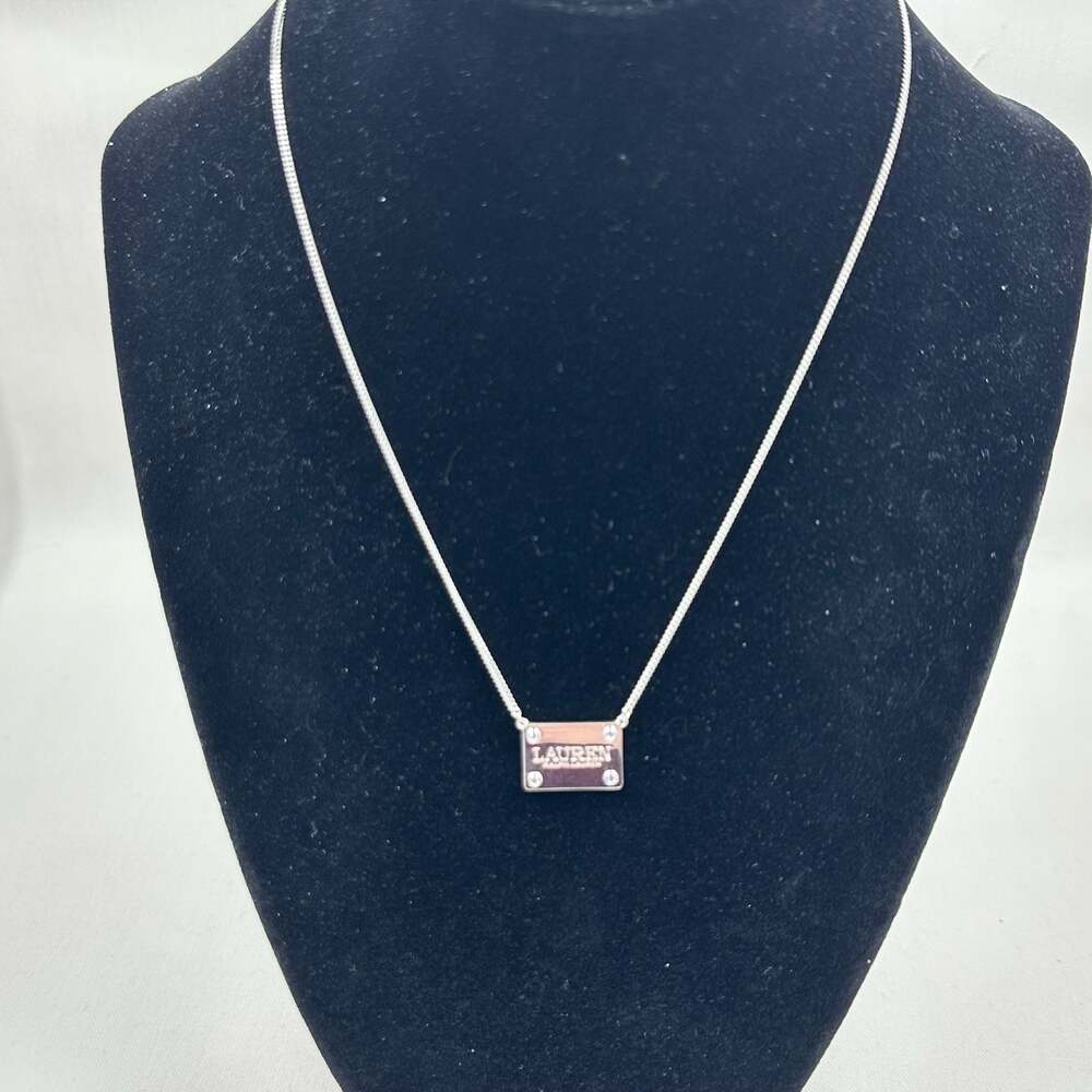 Lauren Ralph Lauren 925 Sterling Silver Logo Pendant Necklace CZ Accents 18–19”